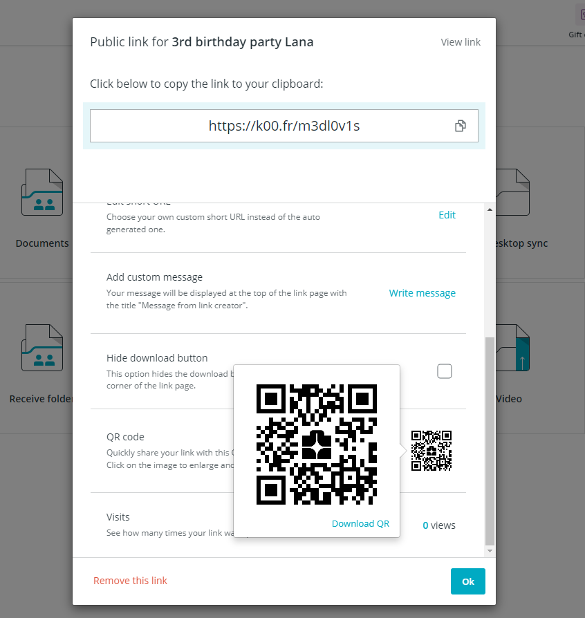Koofr's sharing option Send link: QR code