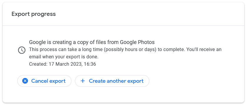 Google Takeout export is being processed.