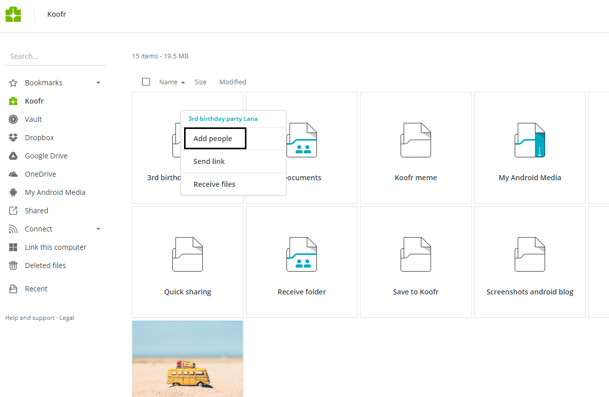 Koofr's easy to use cloud storage sharing option Add people