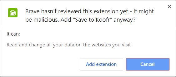Click on Add extension in a pop up to give Koofr the needed permissions
