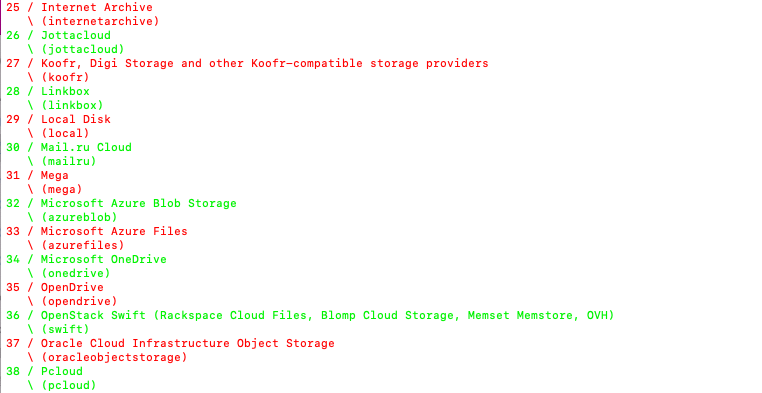 Rclone returns a list of available storage services.