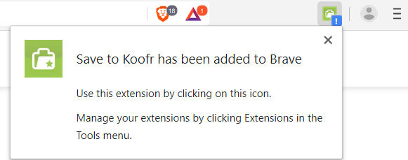 A notification about Save to Koofr being added to Brave browser