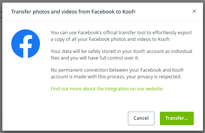 Click on Transfer to get started with the Facebook data transfer.