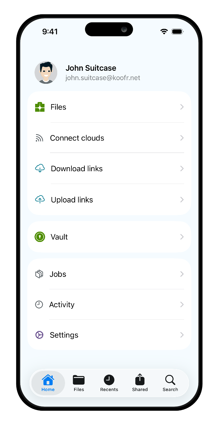 Koofr mobile app for iOS - main menu