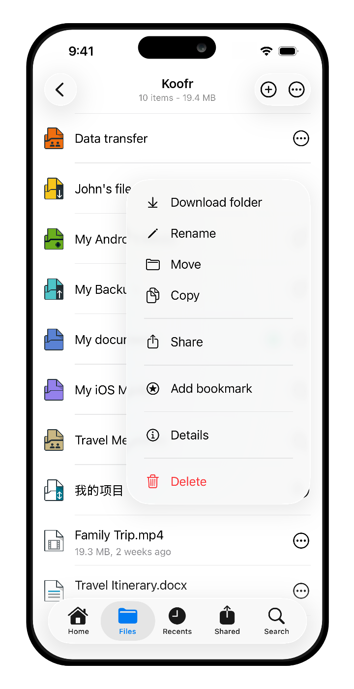 Koofr mobile app for iOS - Files and folders - drop-down menu 2