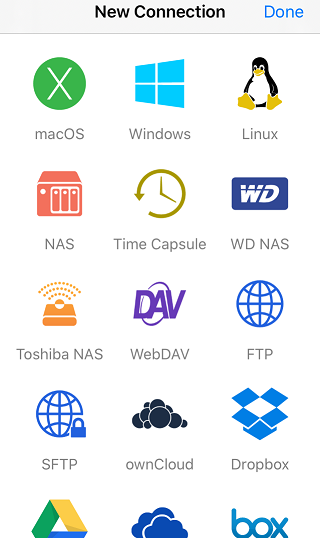 Select WebDAV as a new connection in FE File Explorer for iOS