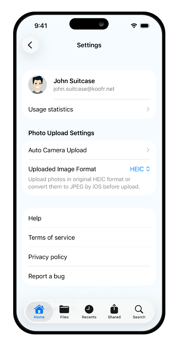 Koofr mobile app for iOS - Settings