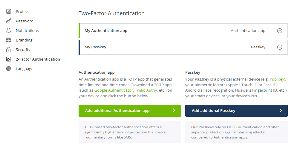 Two-factor authentication on Koofr - list of my passkeys and authentication apps