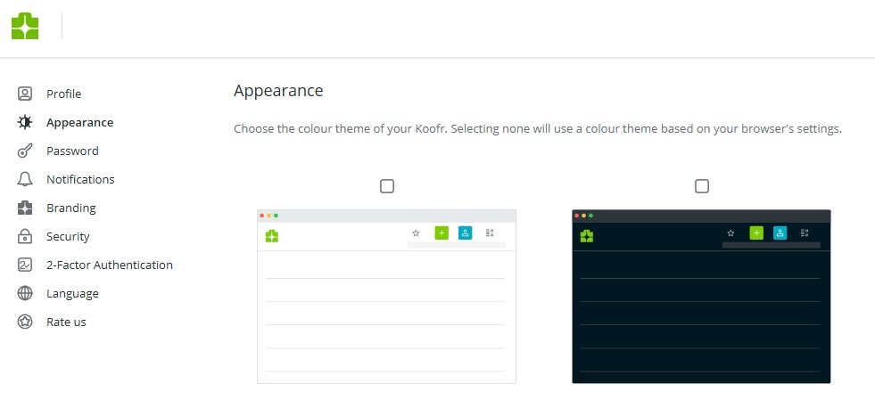 Appearance on Koofr - switch between dark and light theme