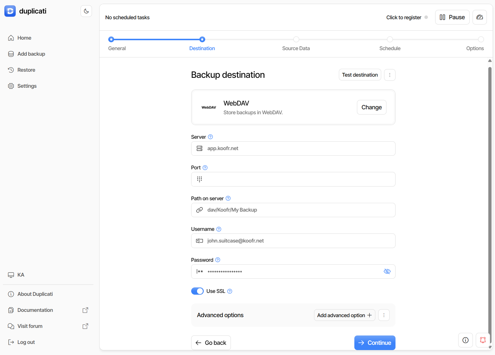 set webdav destination in Duplicati - Koofr blog