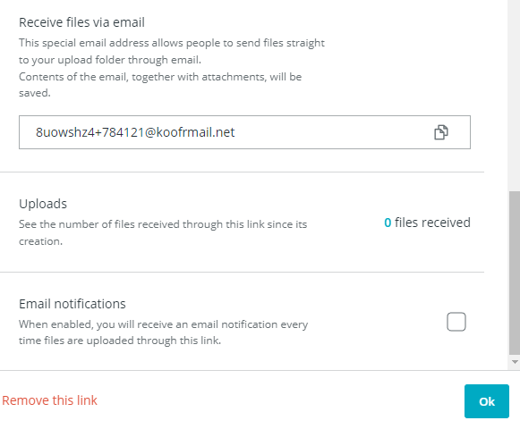 Receive files on Koofr: receive files via email, uploads and email notification