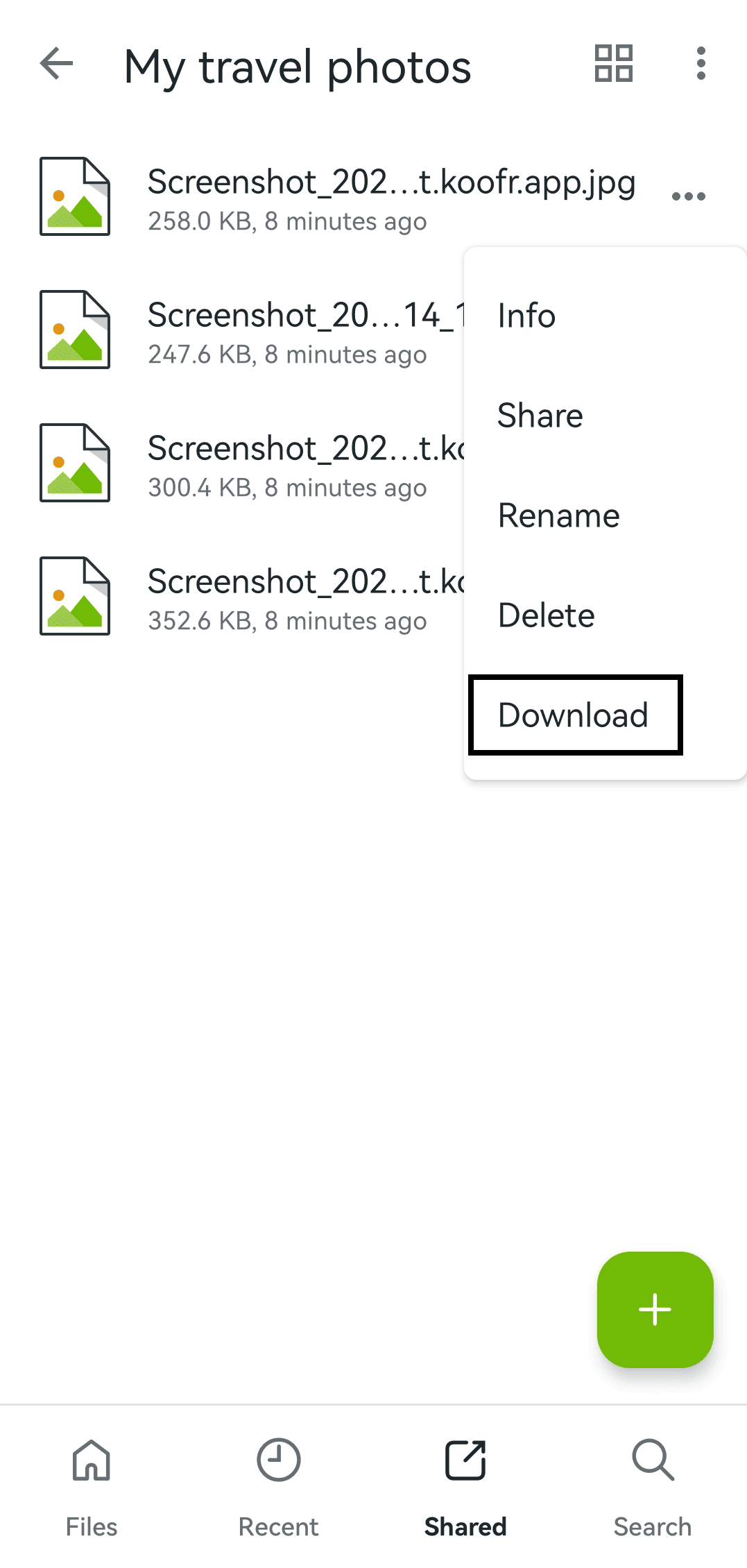 Download button from the dropdown menu in Koofr mobile app for Android