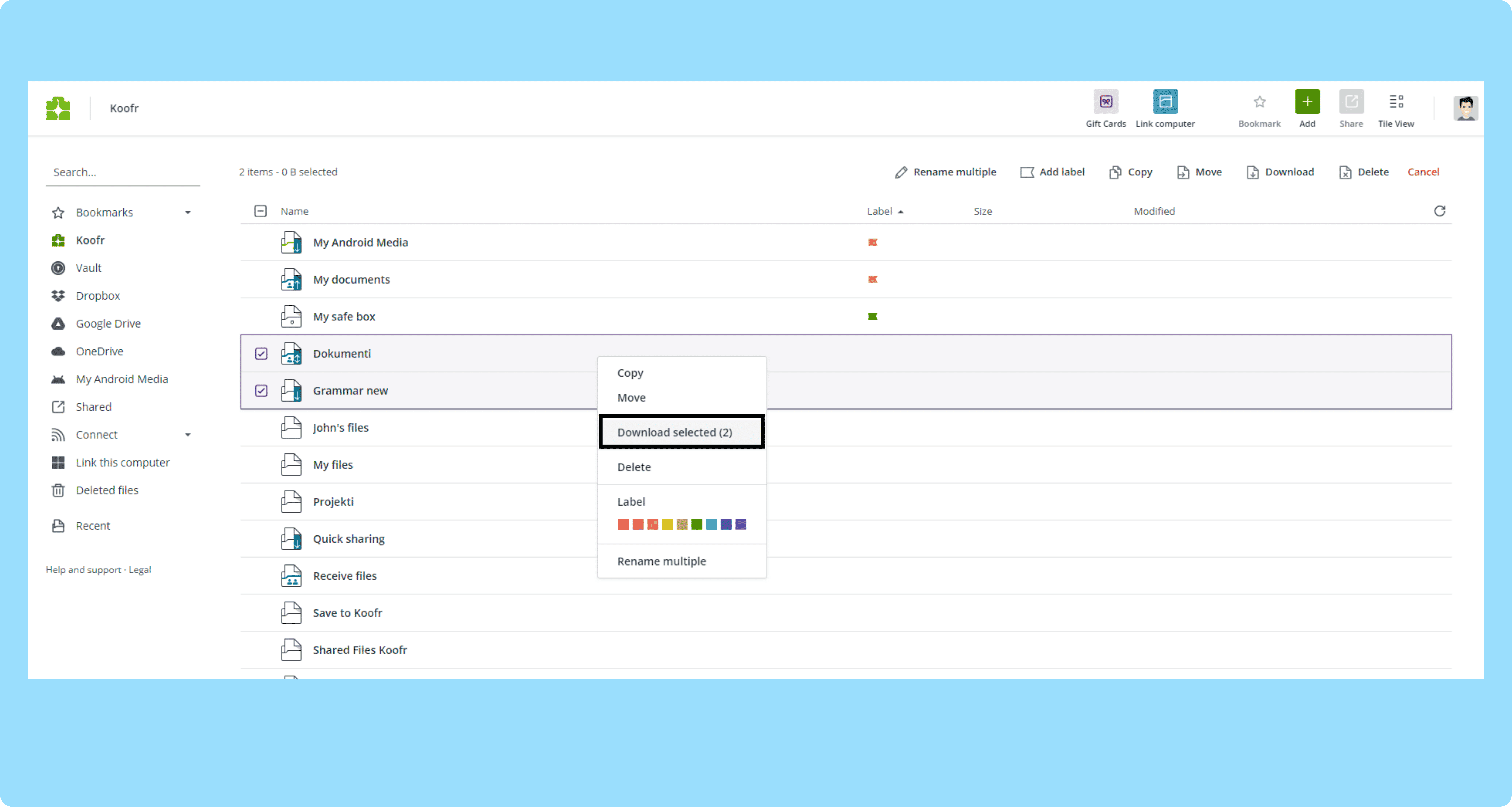 Download multiple from the Koofr webapp