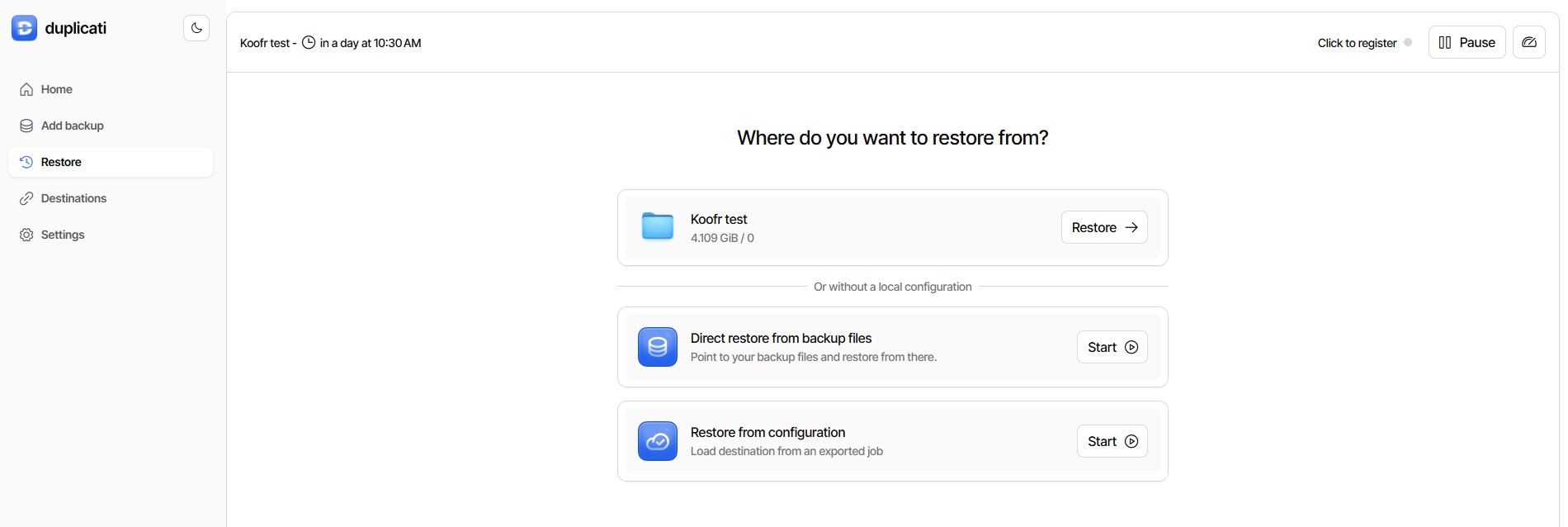 Duplicati backup restore Koofr 1
