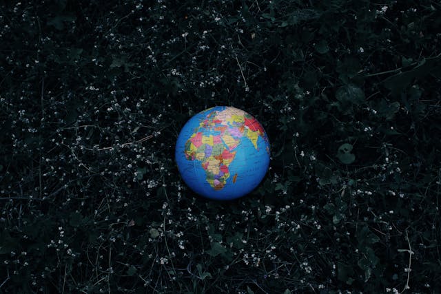 Earth globe placed on dark grass