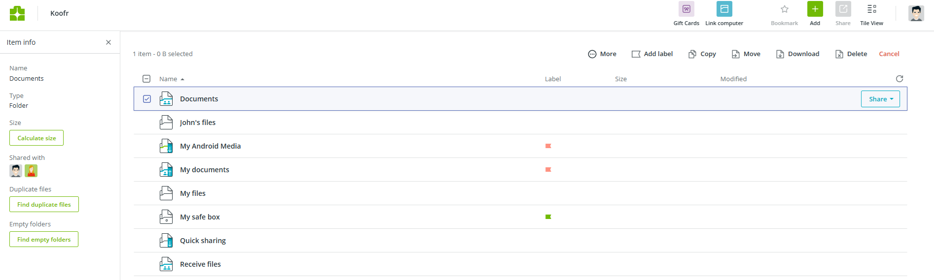 Find duplicate files in Koofr web app