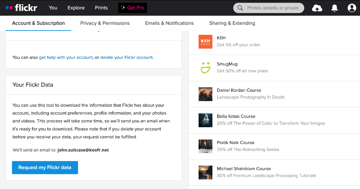 Flickr Settings - find Your Flickr data section