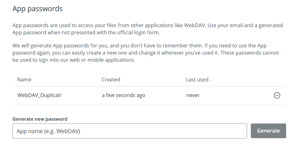 Generate new app password on Koofr