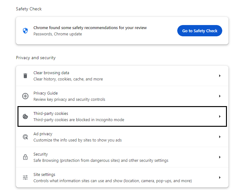 The screenshot of Google Chrome privacy settings - cookies