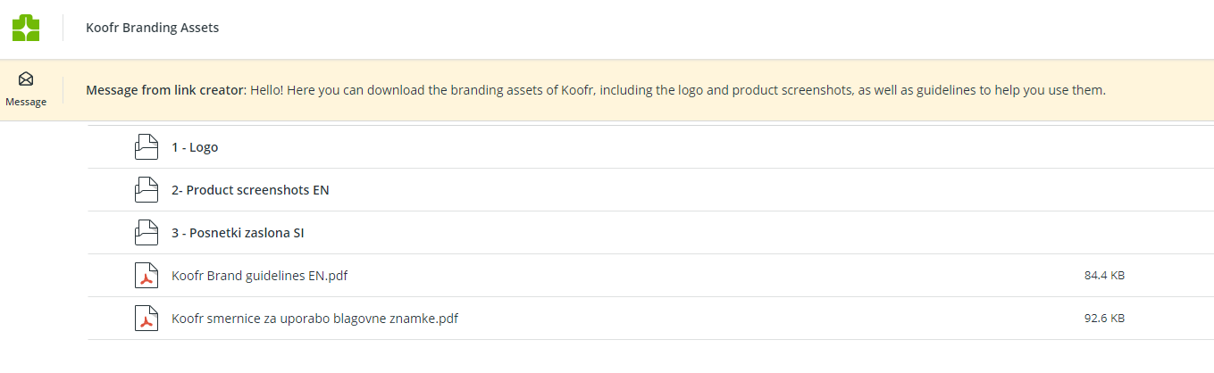 Koofr branding guidelines are hosted on Koofr and distributed with a public link