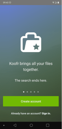 Main welcome screen in the Koofr mobile app for Android.
