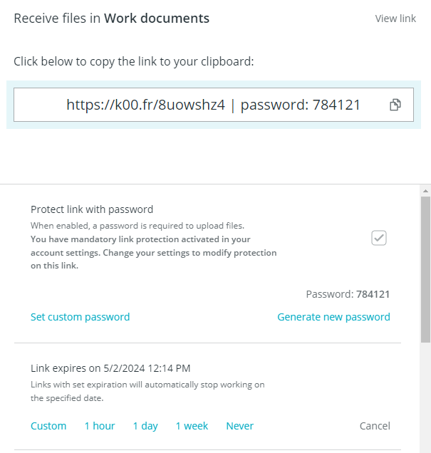 Receive files on Koofr: see the upload link, password protect you link or change the expiration date