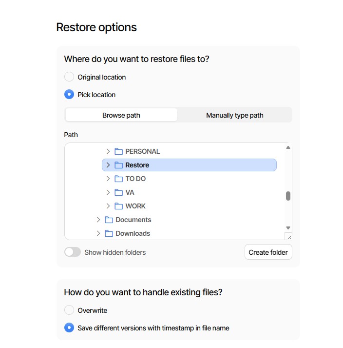 Restore options Duplicati