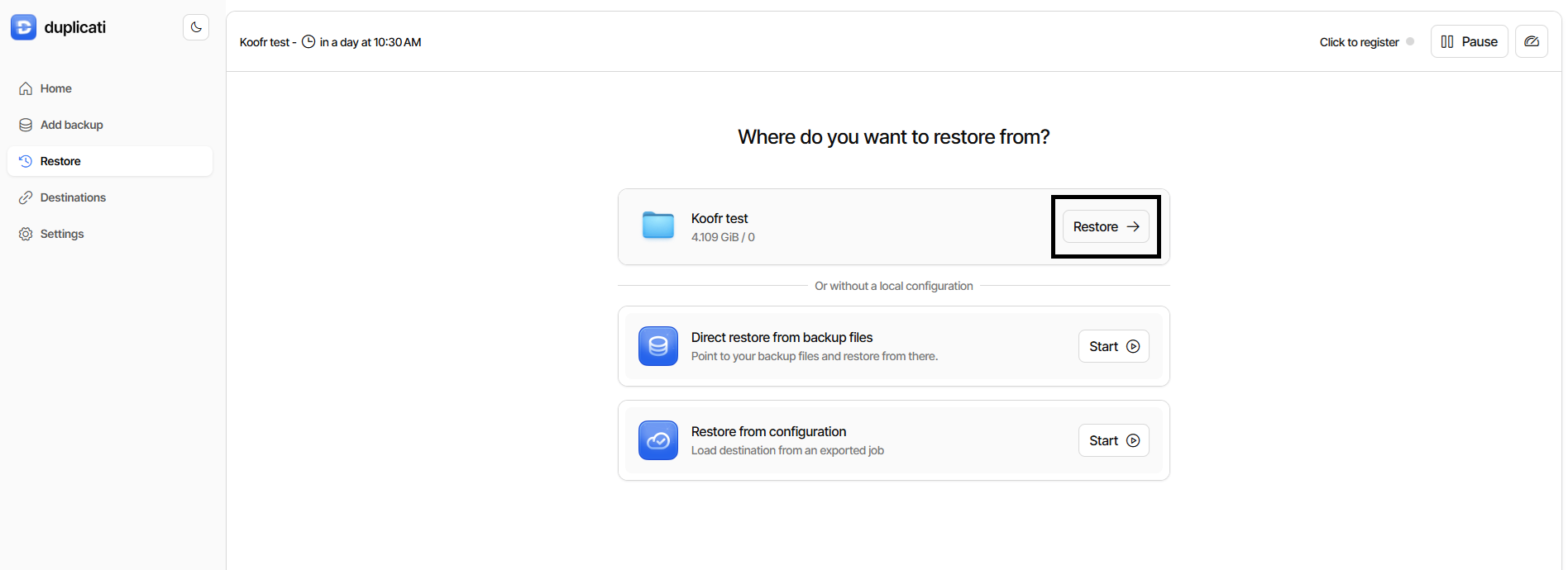 Restore your backup with Duplicati and Koofr