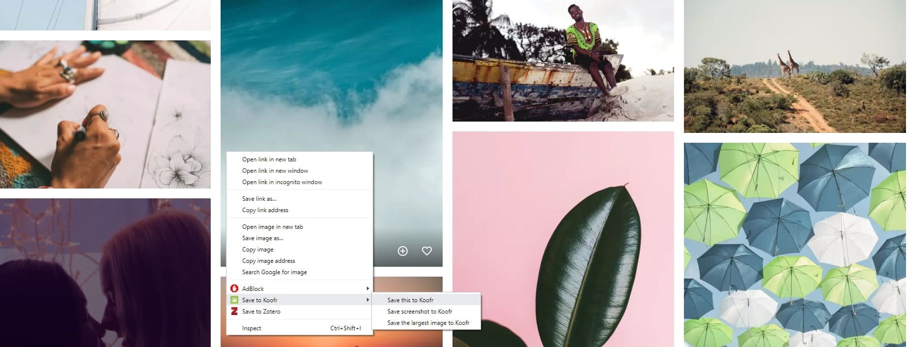 Save to Koofr extension offers different options for saving images