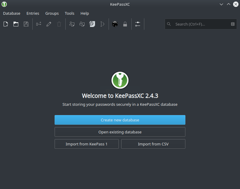 Screenshot of KeePassXC welcome screen.