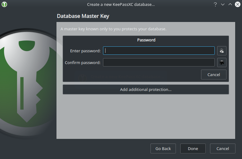 Set a new Master key for your KeePassXC password database.