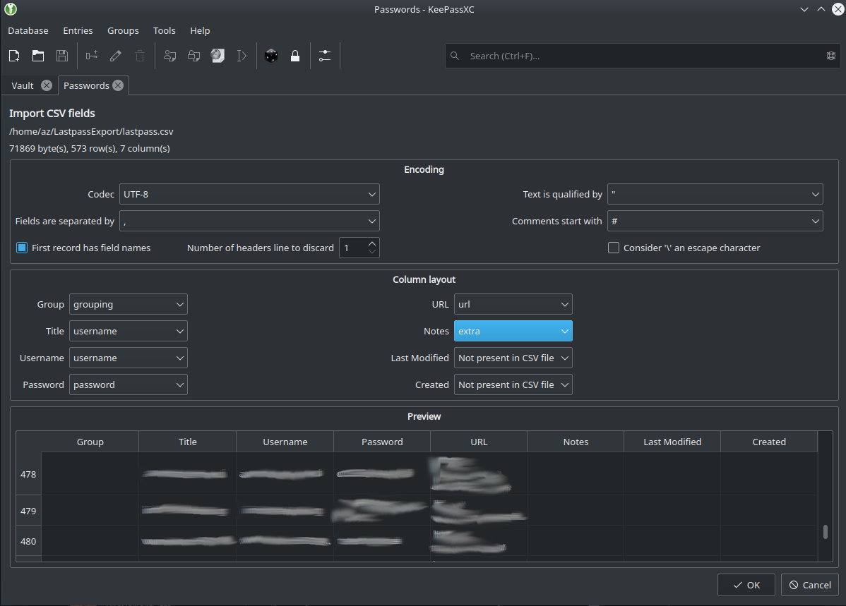 Import a CSV file to your KeePassXC password vault.