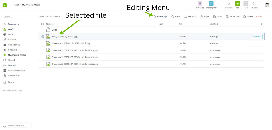 Selecting a file enables several options in the Editing Menu