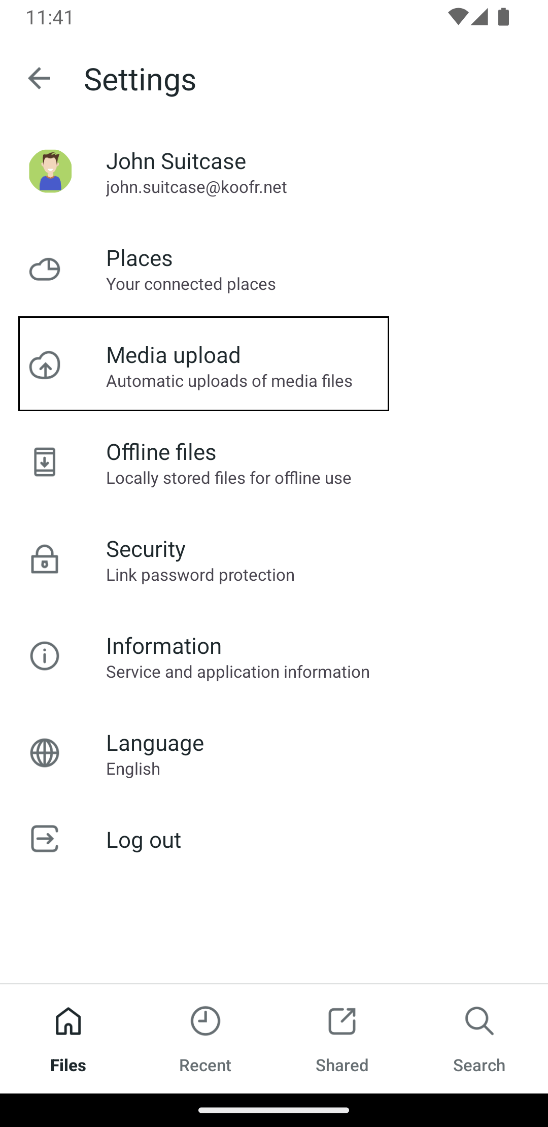 Settings in Koofr Android mobile app