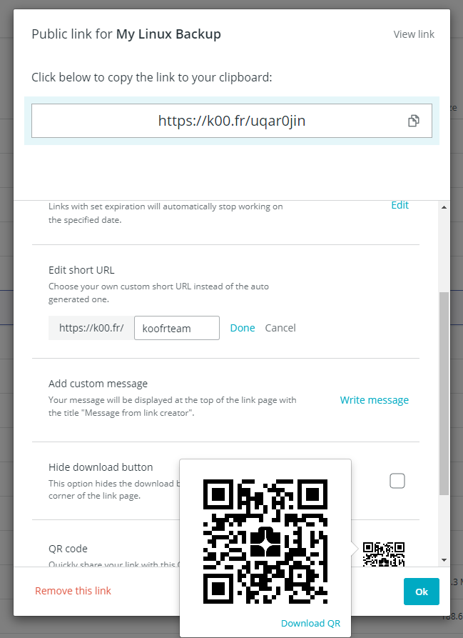Share link option on Koofr with a edited short URL and enlarged QR code