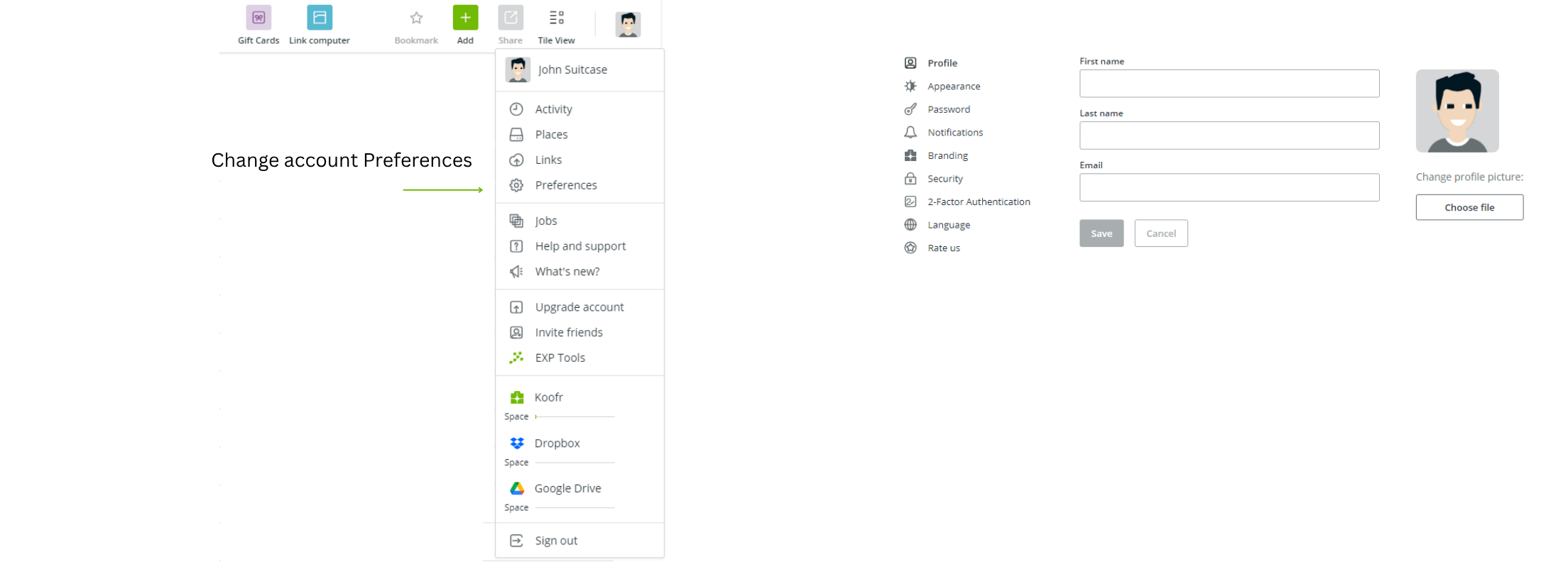 The Account Preferences Menu