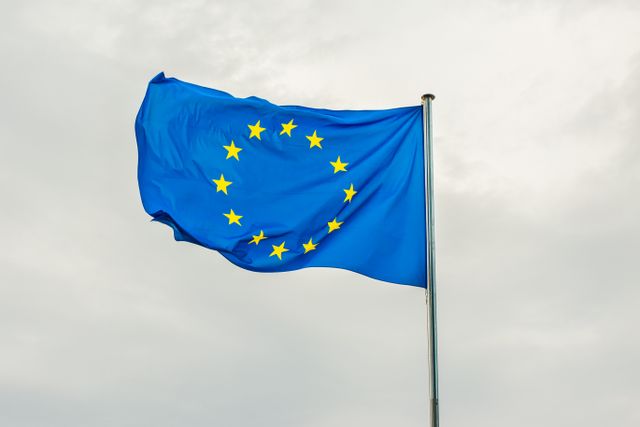 The European Union flag gracefully waving on a flagpole