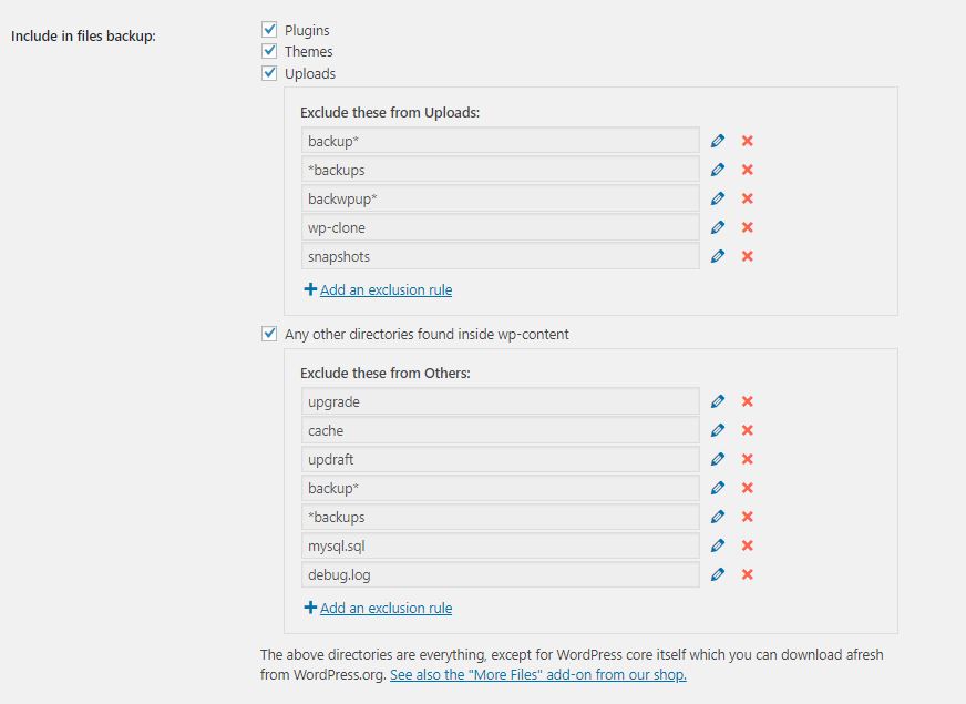 Tick off which files you'd like to be included in your UpdraftPlus backup.