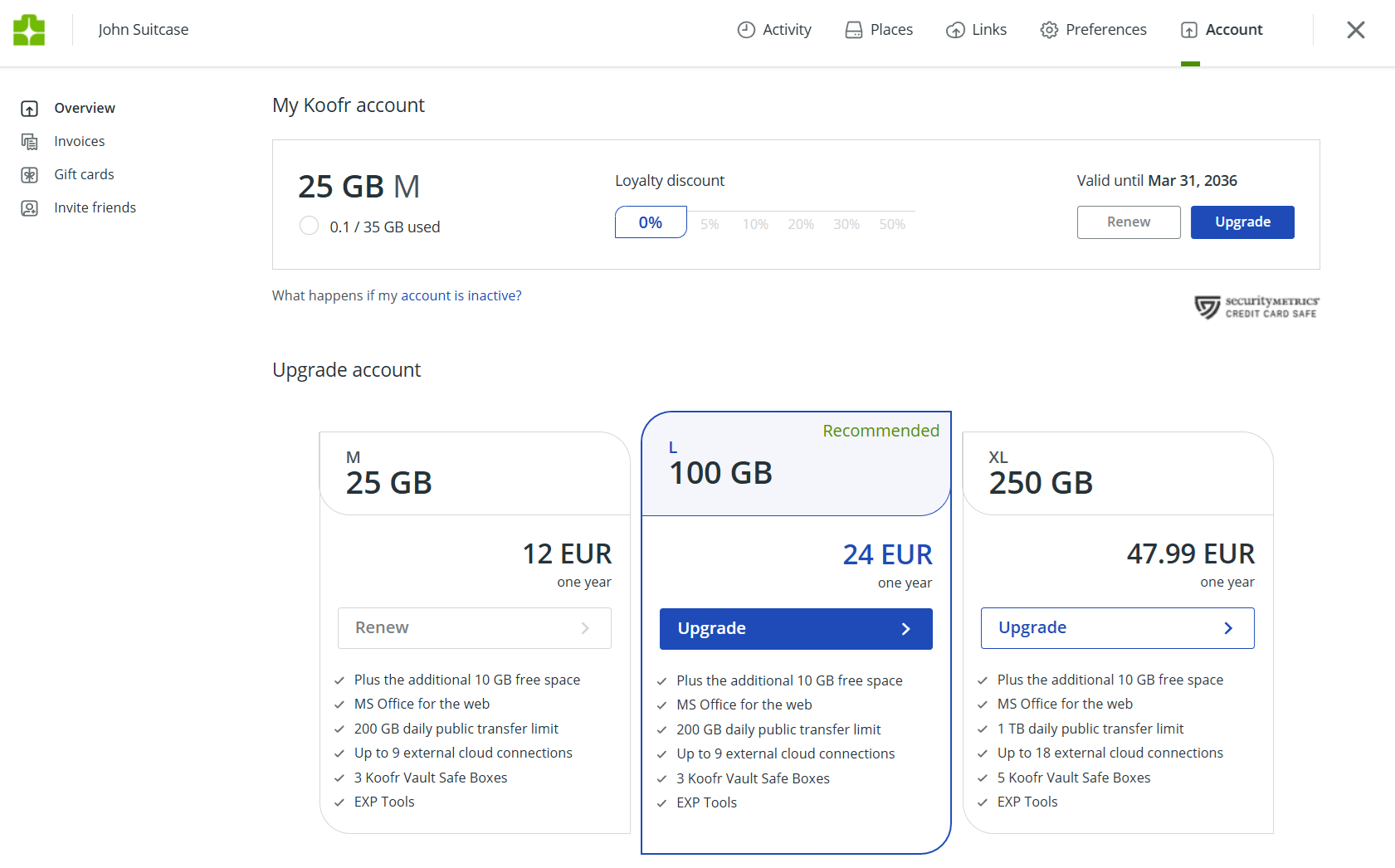 Upgrade account on Koofr web app