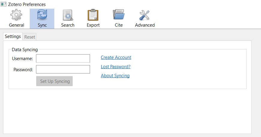 Settings in Zotero app when trying to connect your account
