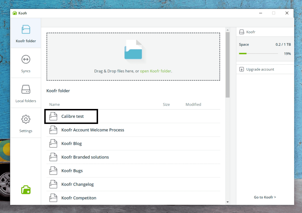 A Calibre test folder in Koofr desktop client