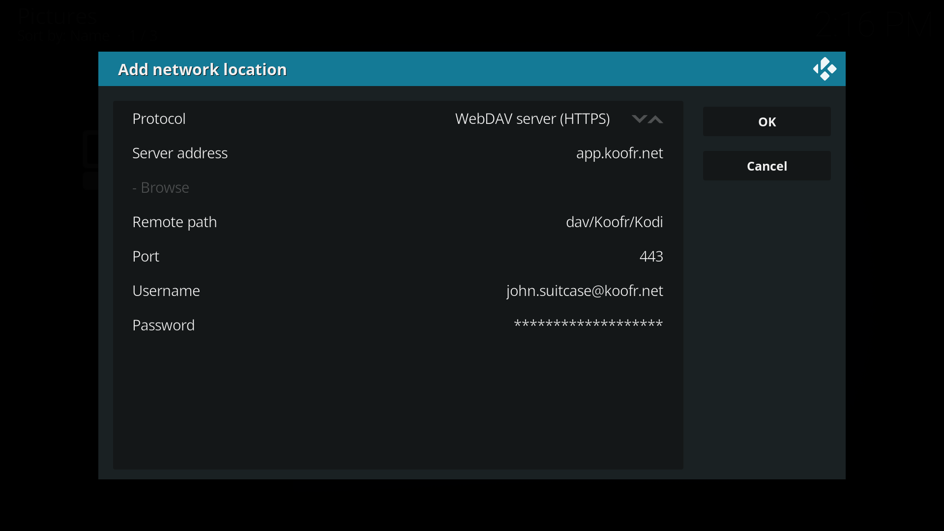 Add network location in Kodi - type in your Koofr username and generated password 