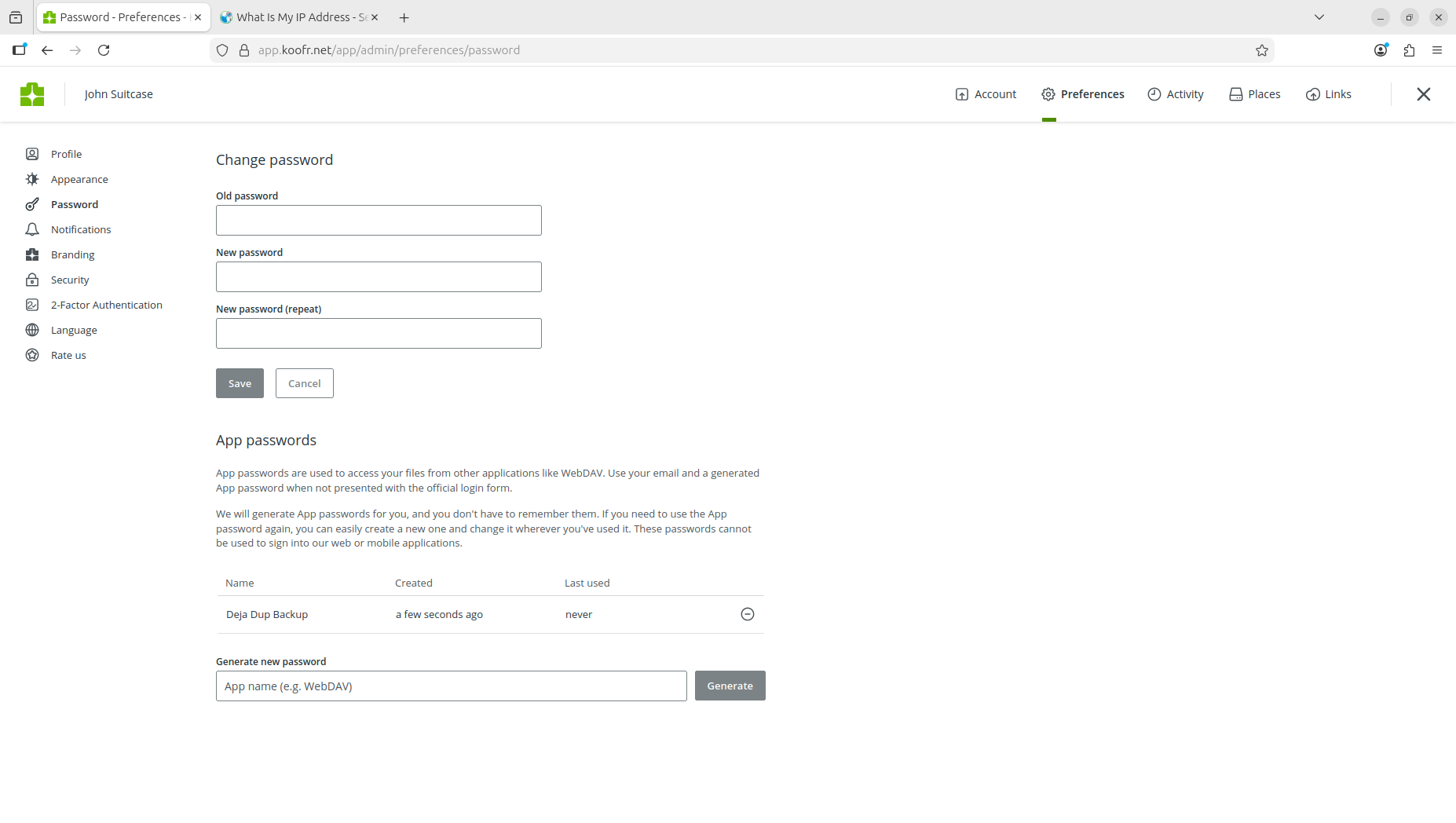 Application passwords on Koofr