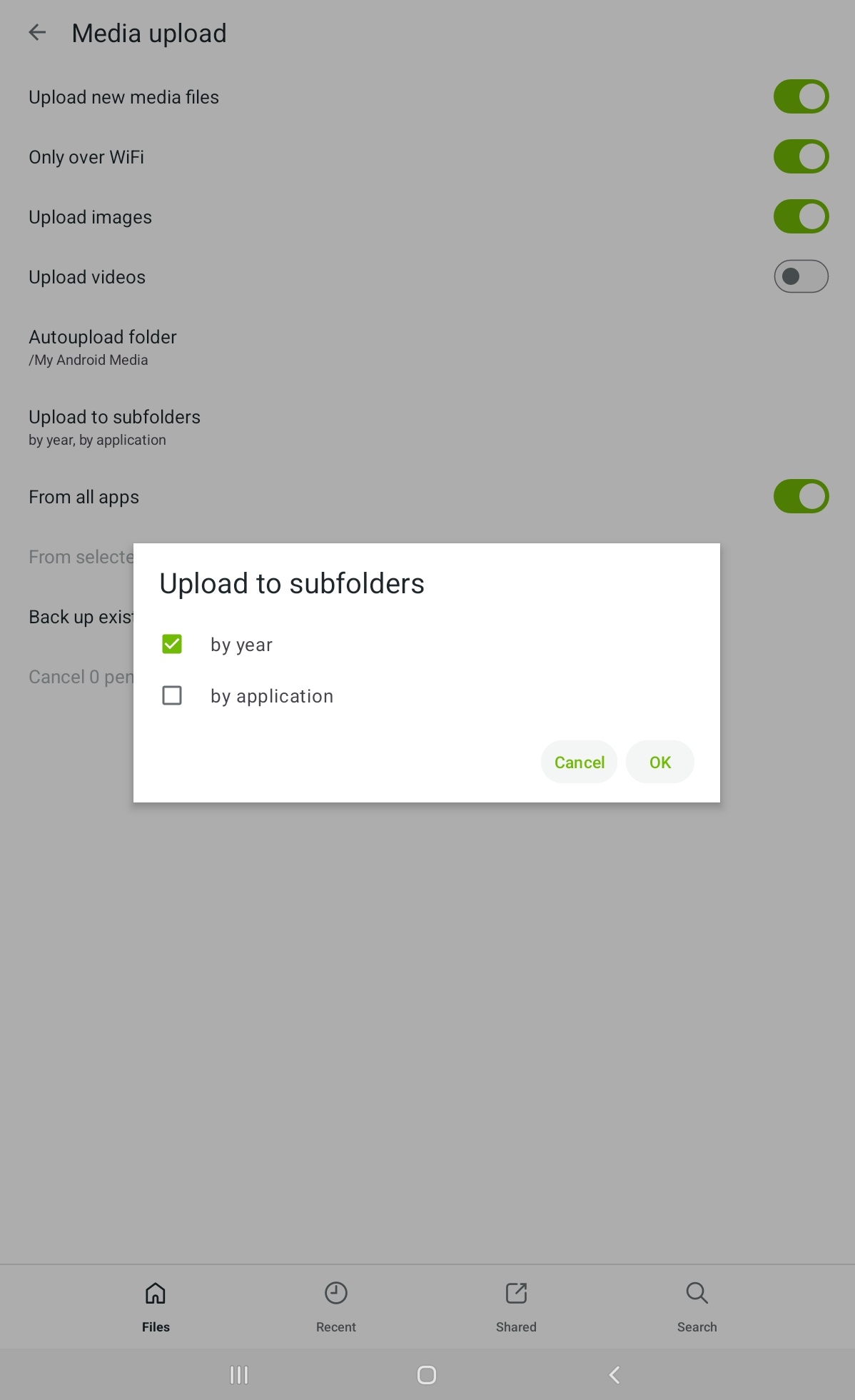 Automatic media uploads settings in Koofr Android mobile app