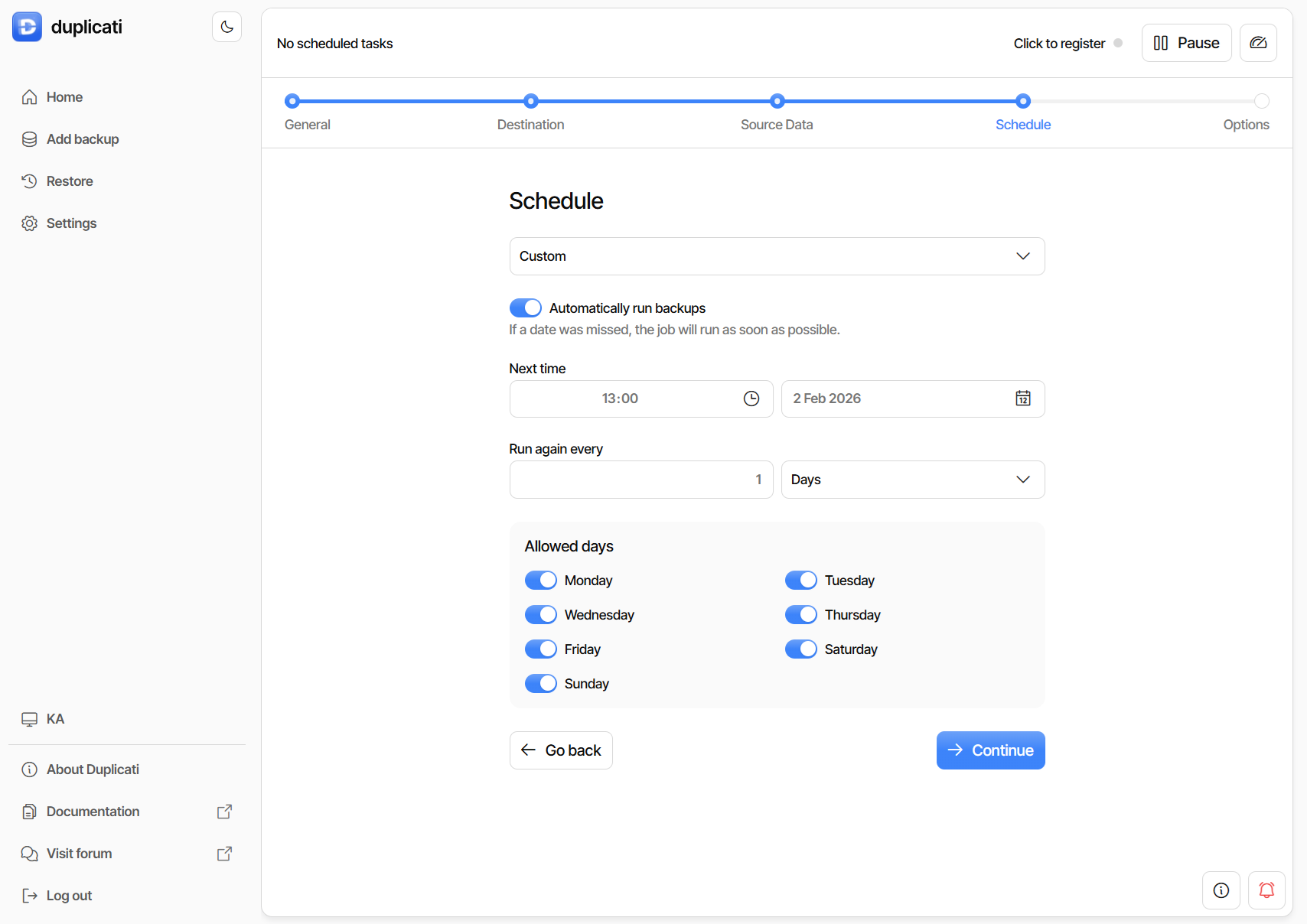 Backup schedule in Duplicati