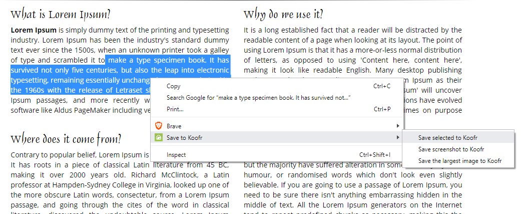 Save selected text to Koofr with Save to Koofr extension for Google Chrome in Brave browser