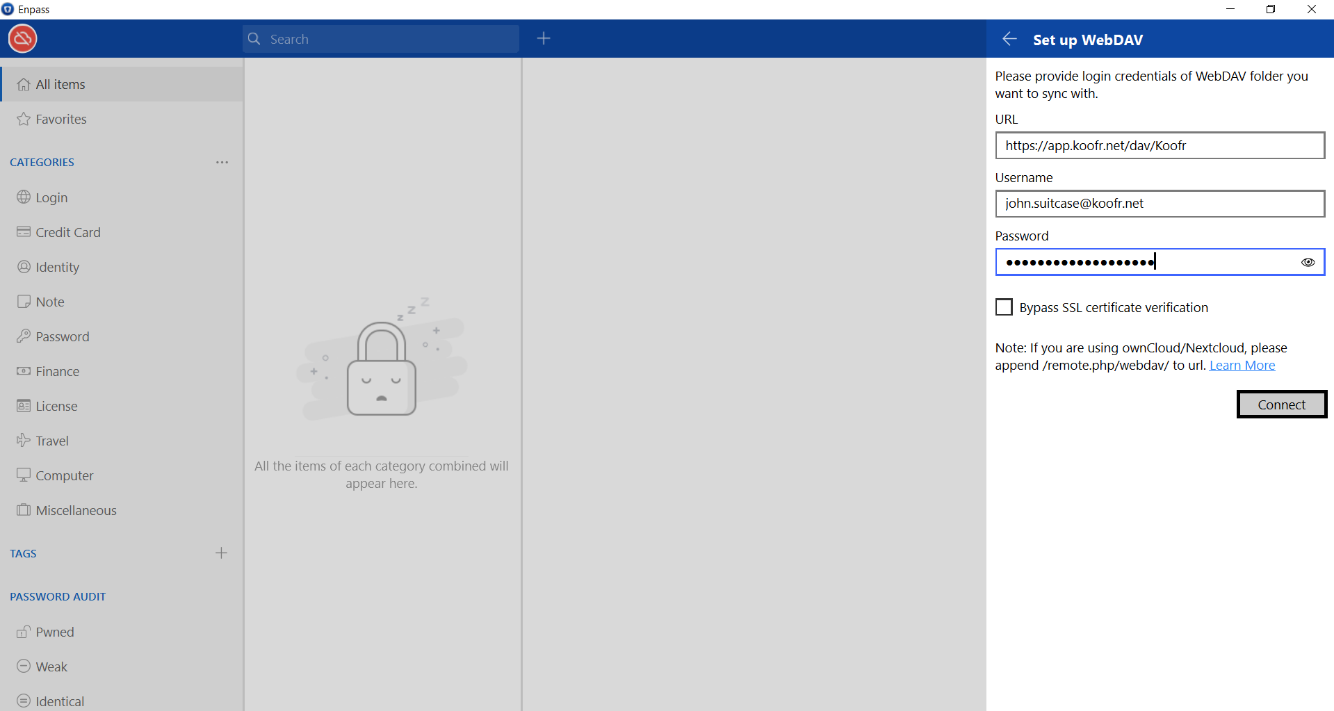 WebDAV setting in the Enpass app