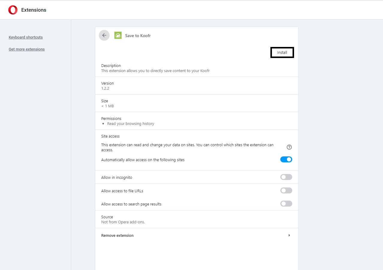 In Opera's extension manager, find Save to Koofr and click Install.