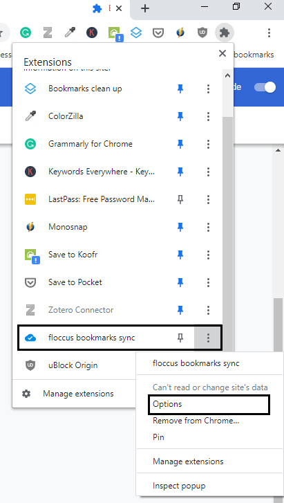 Find Floccus in the list of extensions in your browser and open its Options to set up your account and sync destination.