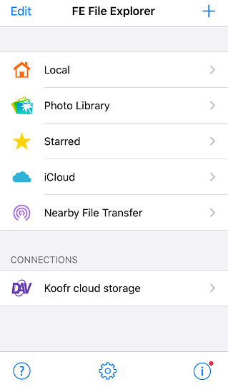 A WebDAV connection to Koofr in FE File Explorer for iOS